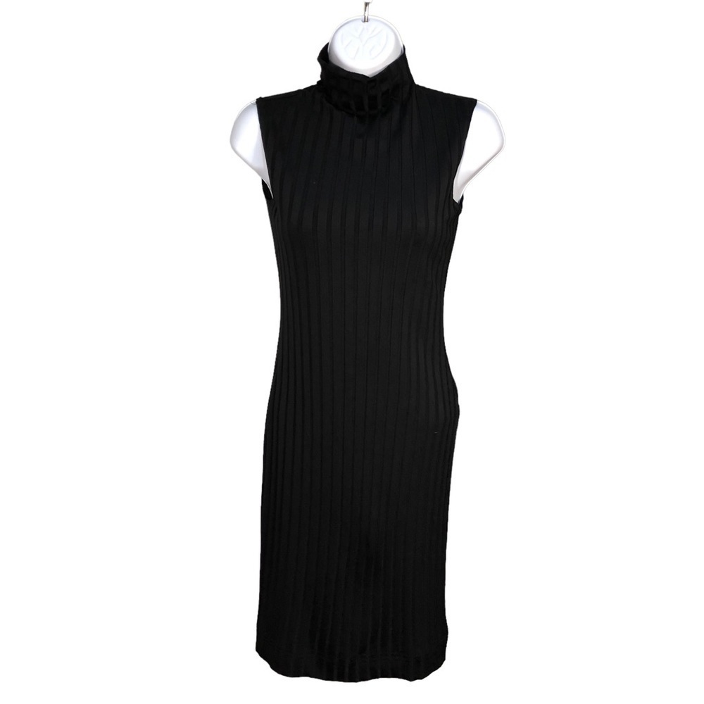 Black Bodycon Sleeveless Mock Neck MIDI Dress with Stripes​​​​